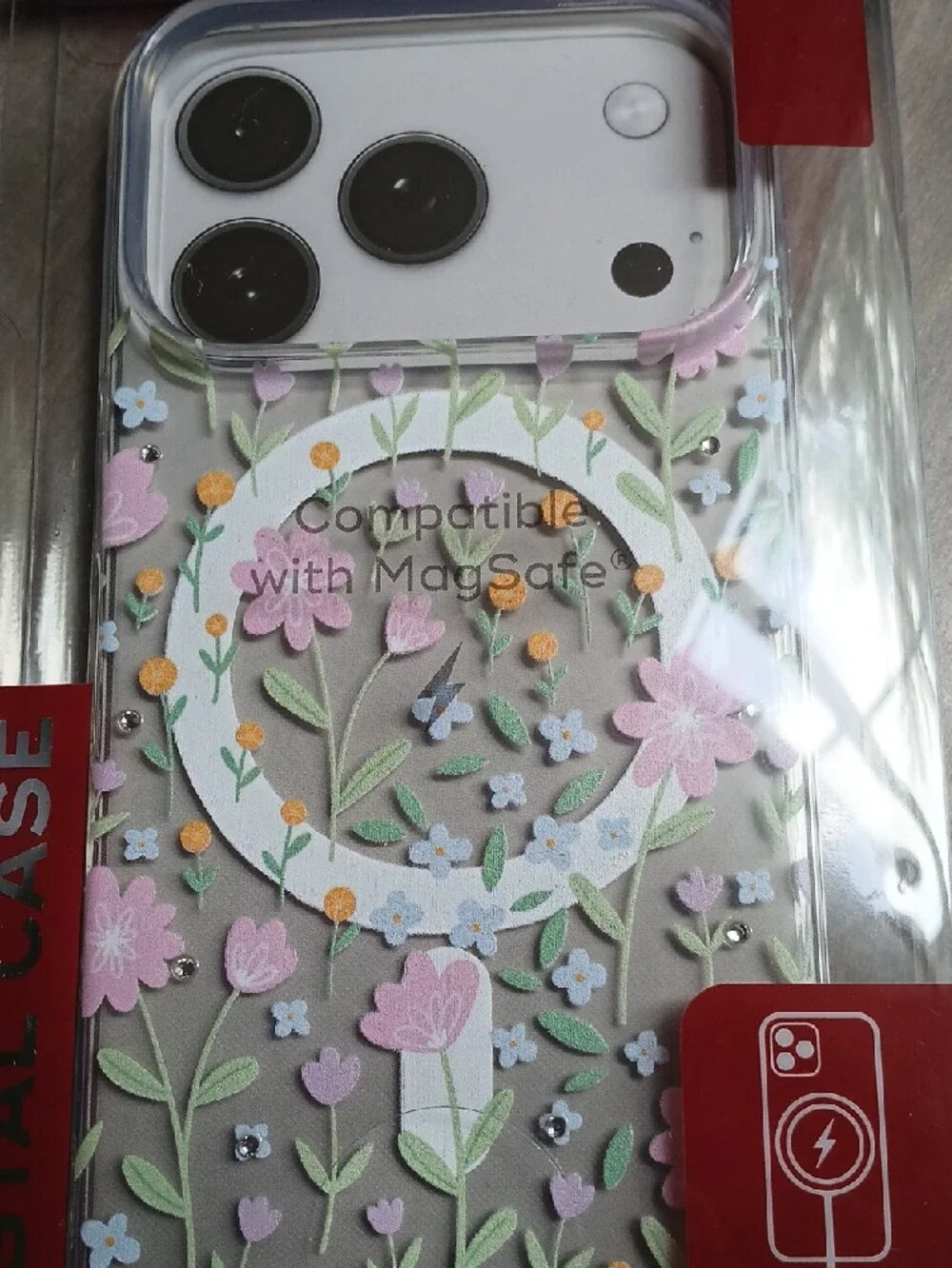 Floral Crystal Phone Case Compatible with MagSafe - Pink & White